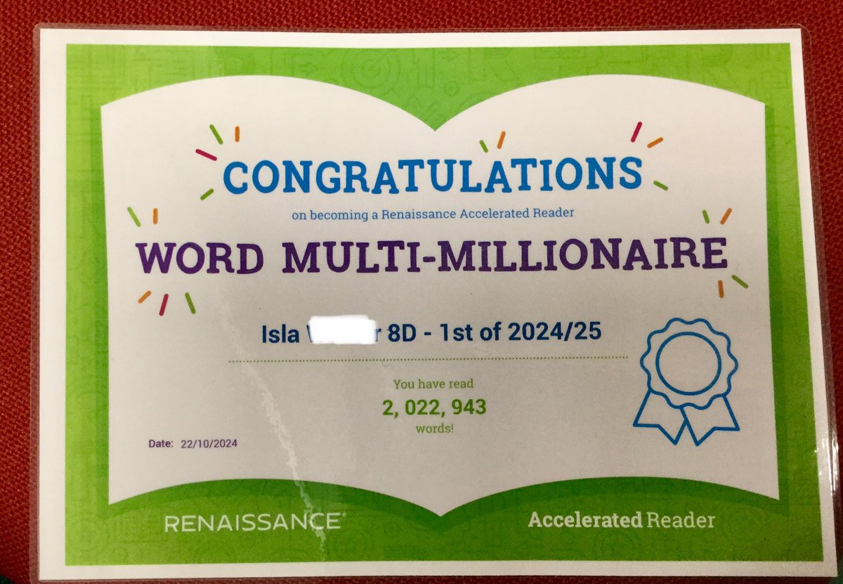 SullivanUpp_Lib's tweet image. We have our first word MULTI millionaire🥳Well done to Isla 8D who&apos;s been reading &amp;amp; @AccReader quizzing on lots of @redbreastedbird @davidwalliams @jk_rowling at 96% correct &amp;amp; with almost two thirds💯%🤩#lovereading #keepquizzing #topreader #greatseries #onehundredpercent