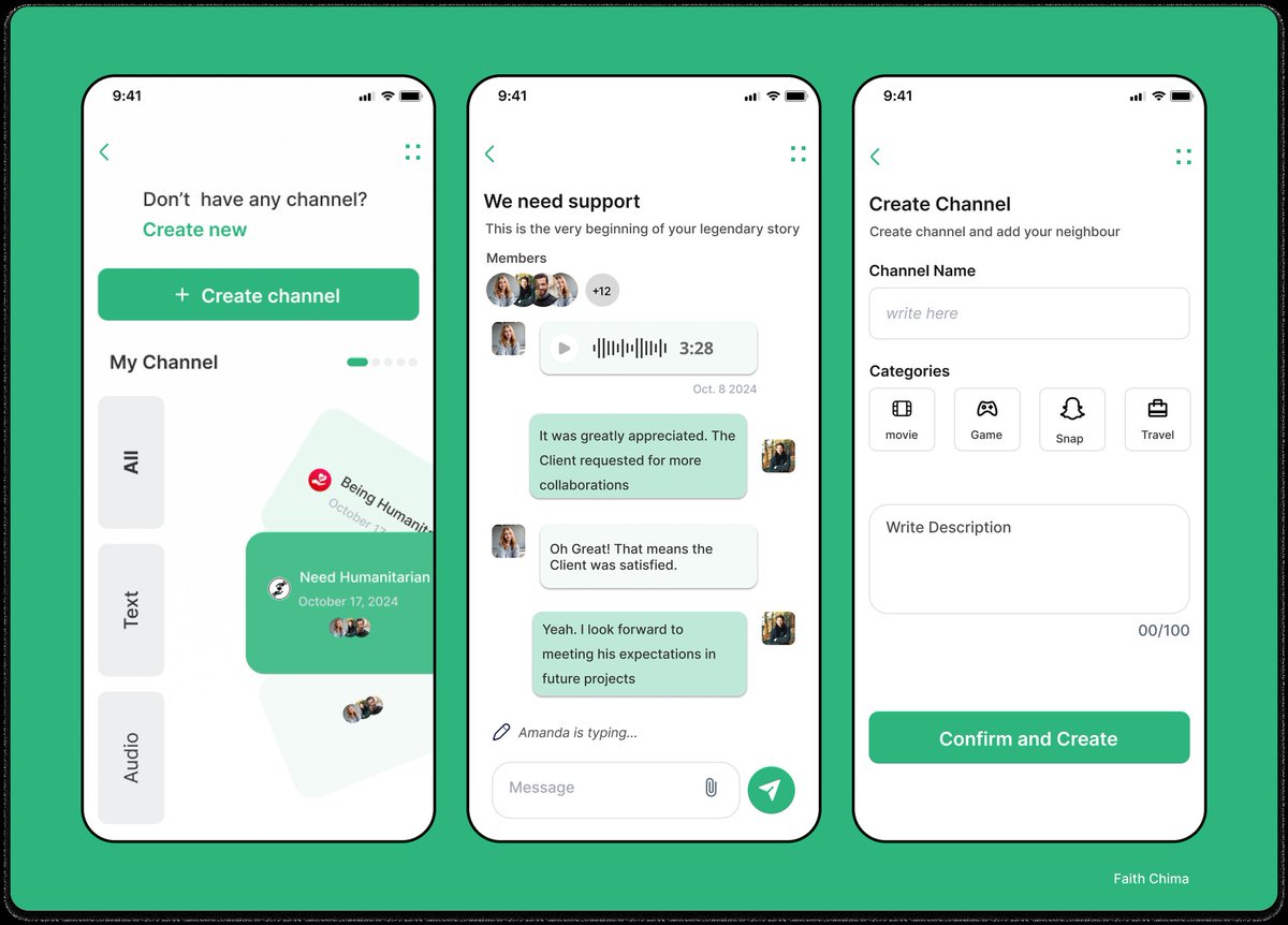 FaithChima21's tweet photo. Here is a replicated social chatting app using the colour code: #2EB57D, following key design principles of hierarchy, balance, alignment and contrast.
#uiux
#uxdesign 
#productdesign https://t.co/bt0mRzVlZO