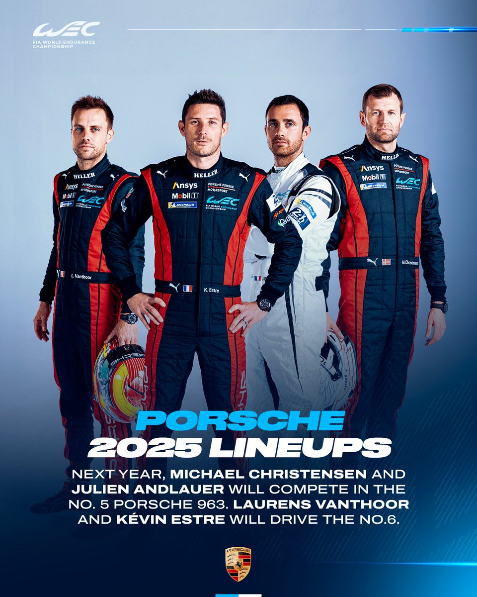 FIA World Endurance Championship (@fiawec) on Twitter photo Porsche promote Julien Andlauer and reduce both #WEC crews down to two. 👀
Shaking things up for the 2025 season, Porsche Penske Motorsport has announced that the #5 Porsche 963 will be driven by Michael Christensen and <a href="/JAndlauer/">julien andlauer</a>. The team has also confirmed that Porsche promote Julien Andlauer and reduce both #WEC crews down to two. 👀
Shaking things up for the 2025 season, Porsche Penske Motorsport has announced that the #5 Porsche 963 will be driven by Michael Christensen and <a href="/JAndlauer/">julien andlauer</a>. The team has also confirmed that
