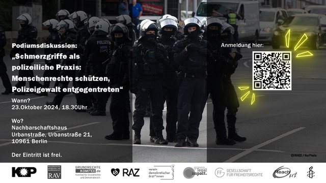 #Schmerzgriffe: Wie sind sie rechtlich zu bewerten? Fallen sie juristisch unter den Folterbegriff? Und was kann die #Zivilgesellschaft tun? Ein Gespräch u.a. mit GFF-Jurist Joschka Selinger, unserem Kläger Lars Ritter von <a href="/AufstandLastGen/">Letzte Generation</a> und Parto Tavangar von <a href="/berlin_out/">ReachOut Berlin</a>.