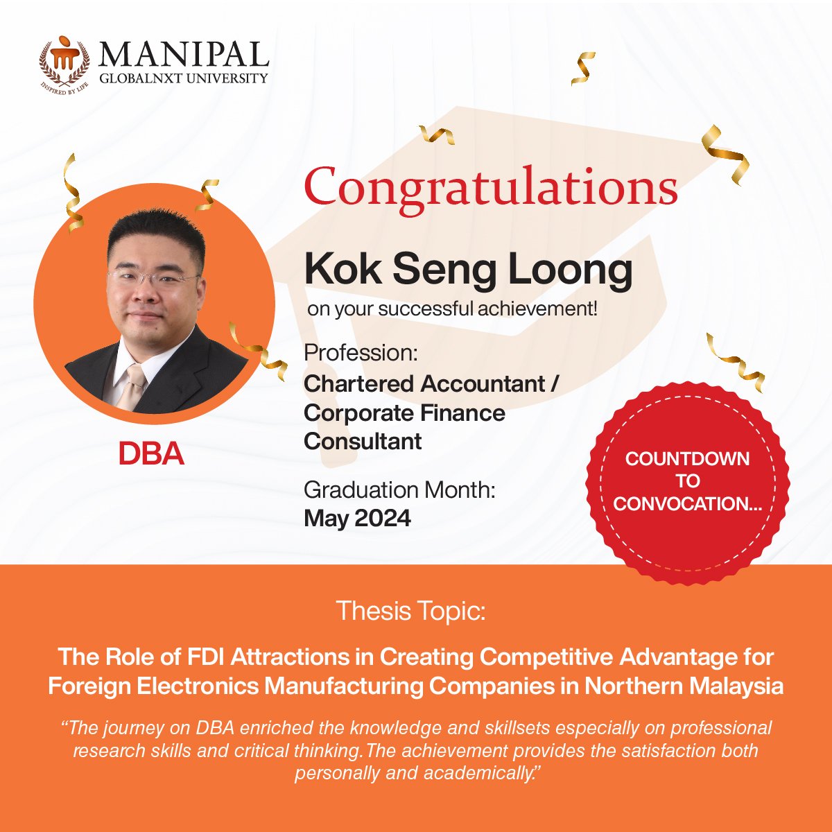 Big Congratulations, Kok Seng Loong!
We're thrilled to celebrate this important step in your journey! Your dedication and hard work are truly inspiring, and we couldn't be prouder as you move closer to an exciting new chapter.

Here’s to many more milestones ahead!