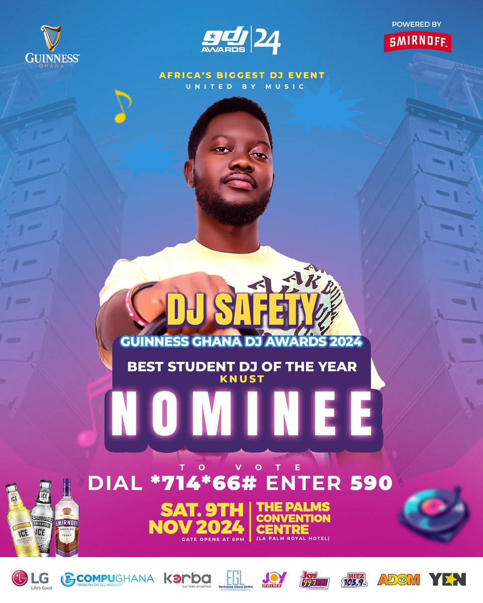 skwablinks's tweet photo. To Vote for @djsafety_gh as Best Student Dj of The Year. 
Dial *714*66# 
Enter 590 
Enter Number of votes 
Enter momo PIN code to complete the voting 

Or use the link below 👇 
https://t.co/2vn1OaHNRz

#GuinnessGhanaDJAwards24
@ghanadjawards https://t.co/ihcvS9R6qM