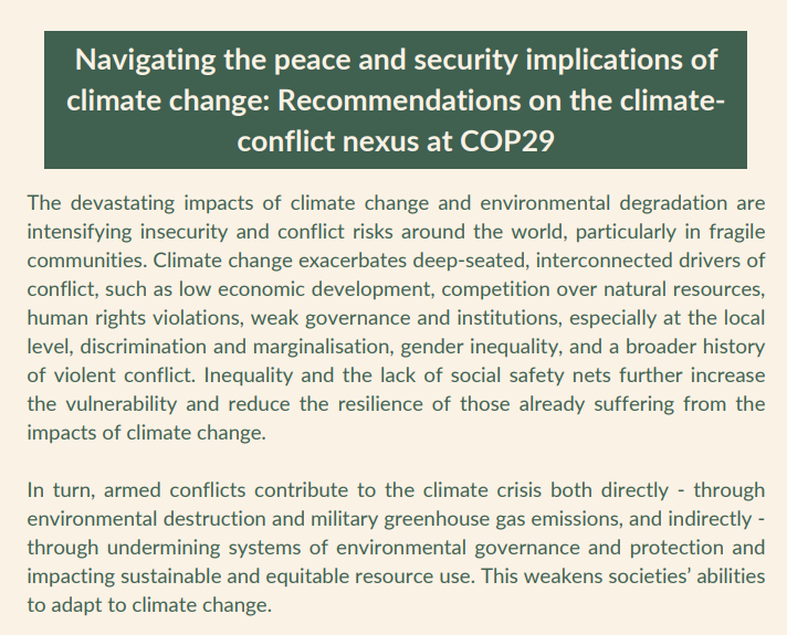 ceobs_org's tweet photo. 14:00 CET Tomorrow. Webinar sharing the latest insights and recommendations for involving peace in climate action negotiations at #COP29

Our Ellie from @milemissionsgap will be talking #military emissions, alongside @oxfam and @InterpeaceTweet 

Register: https://t.co/JLK0V9UBER https://t.co/WOhIKAeoAZ