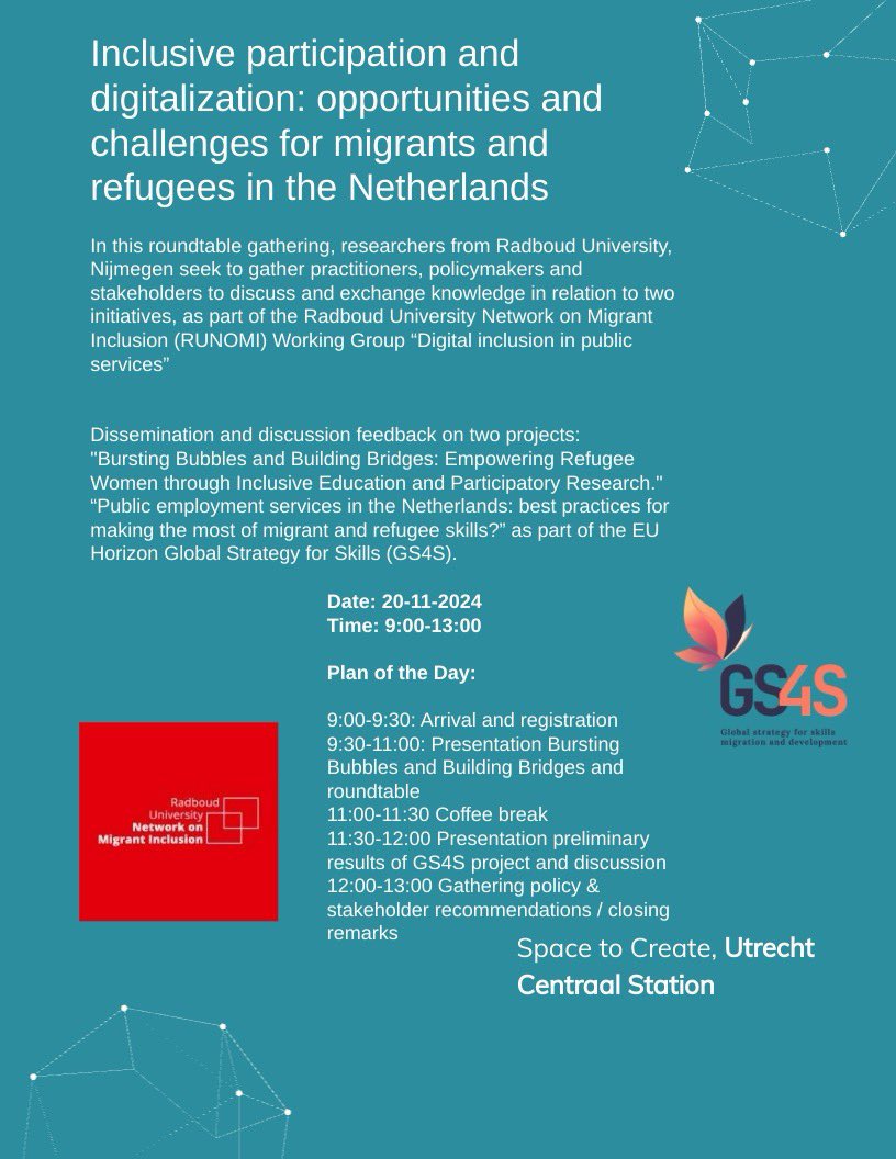 koenleurs's tweet image. Join this important event on Participation and Digitalization: Opportunities and Challenges for Migrants and Refugees in the Netherlands, in Utrecht on 20 November, organized by Noemi Mena Montes