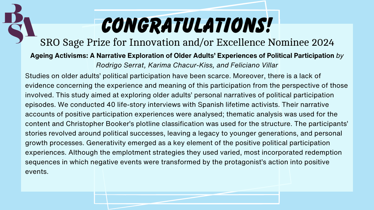 🌟 SRO Sage Prize Nominee 🌟

Rodrigo Serrat, Karima Chacur-Kiss, and Feliciano Villar explore the personal narratives of political participation episodes of older adults.

Read their Sage Prize nominated paper below!
doi.org/10.1177/136078…