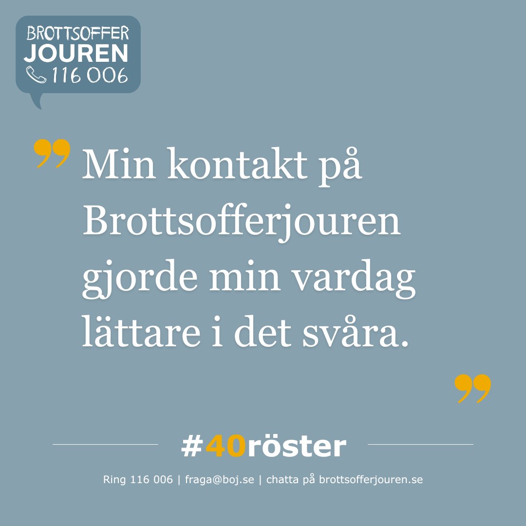 Vem som helst kan utsättas för brott. Därför är det viktigt att veta att hjälp finns. Vi finns för att göra det svåra lite lättare. BOJ har under 40 år stöttat brottsutsatta. I kampanjen #40röster kan du ta del av 40 olika upplevelser av detta stöd.