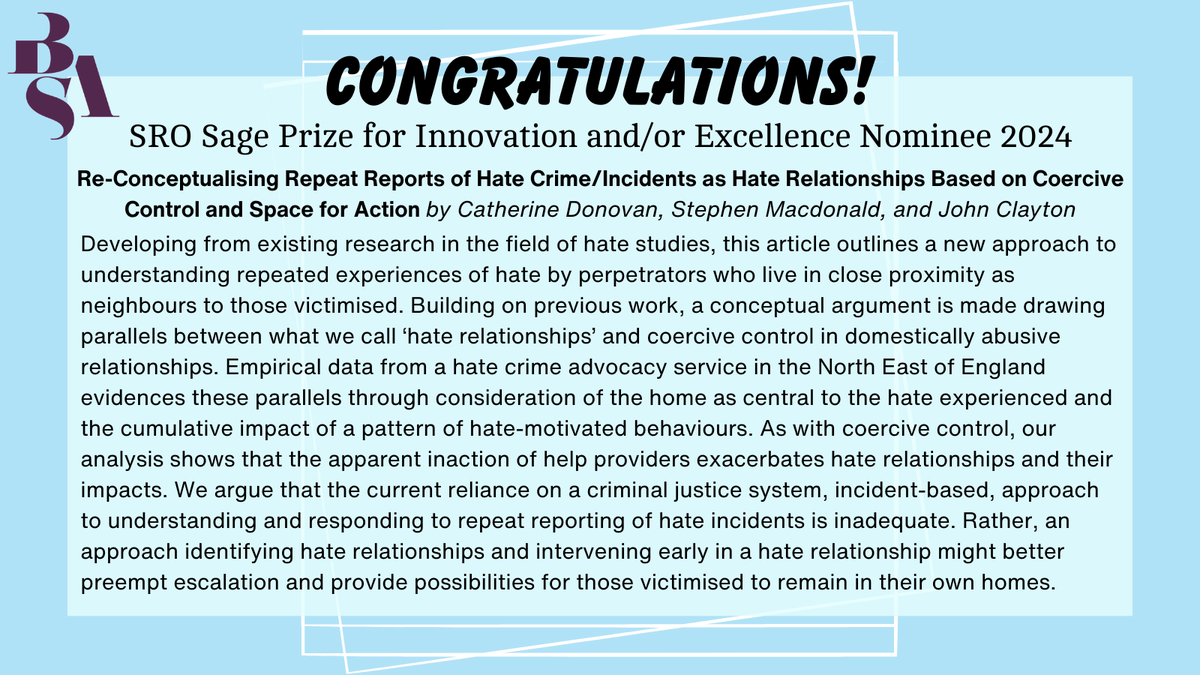 Sociological Research Online (@socresonline) on Twitter photo 🌟 SRO Sage Prize Nominee 🌟
Catherine Donovan, Stephen Macdonald, and John Clayton (<a href="/JohnClayton78/">John Clayton</a>) outline a new approach to understanding repeated experiences of hate perpetrated by neighbours.
Read the article now below! <a href="/DurhamSociology/">Durham Sociology</a> <a href="/NUGeog/">Geog & Env Sciences</a>
doi.org/10.1177/136078… 🌟 SRO Sage Prize Nominee 🌟
Catherine Donovan, Stephen Macdonald, and John Clayton (<a href="/JohnClayton78/">John Clayton</a>) outline a new approach to understanding repeated experiences of hate perpetrated by neighbours.
Read the article now below! <a href="/DurhamSociology/">Durham Sociology</a> <a href="/NUGeog/">Geog & Env Sciences</a>
doi.org/10.1177/136078…