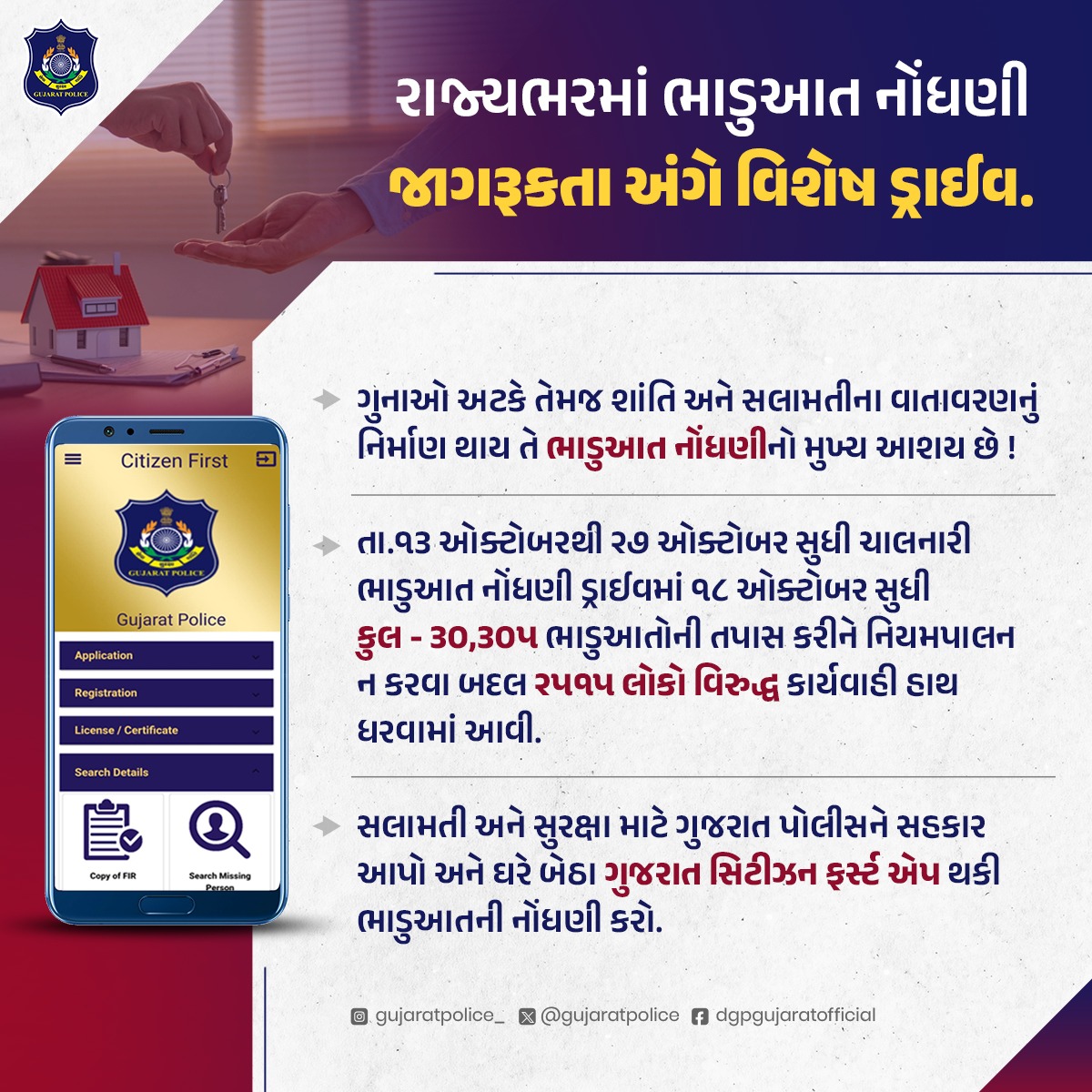 તા.૧૩ ઓક્ટોબરથી ૨૭ ઓક્ટોબર સુધી ચાલનારી ભાડુઆત નોંધણી ડ્રાઈવમાં ૧૮ ઓક્ટોબર સુધી કુલ ૩૦,૩૦૫ ભાડુઆતોની તપાસ કરીને નિયમપાલન ન કરવા બદલ ૨૫૧૫ લોકો વિરુદ્ધ કાર્યવાહી હાથ ધરવામાં આવી.