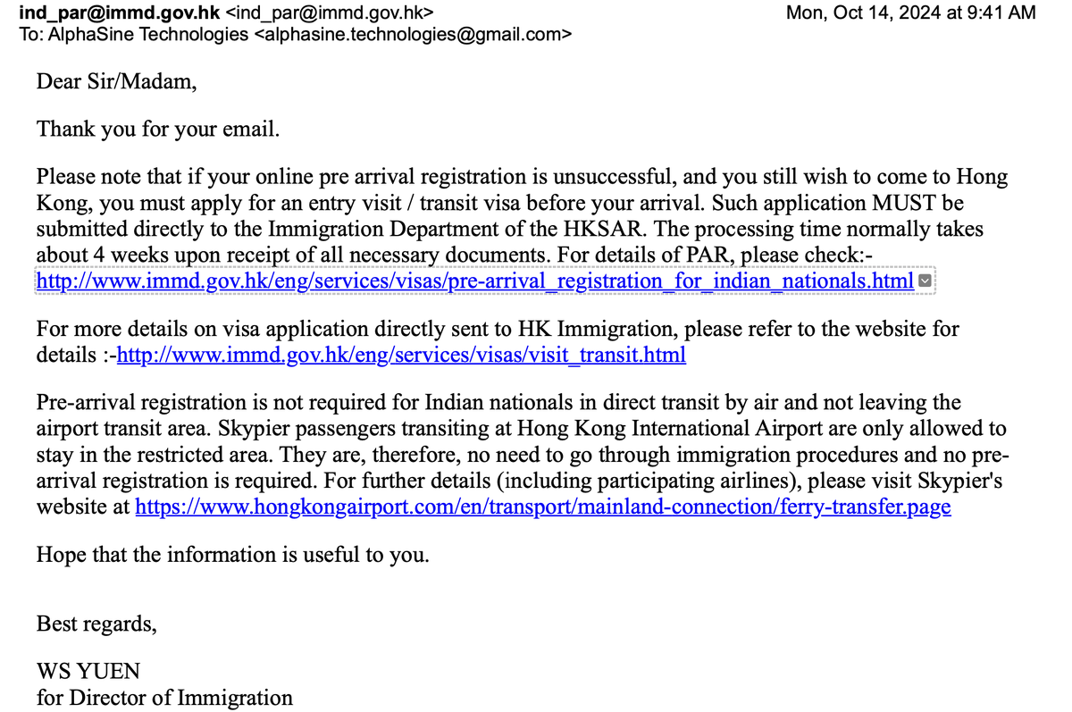 Manuin2k's tweet photo. Confirmation mail from HK Immigration reaffirming the same: NO PAR needed if transiting HK from ferry from the airport!

Yet #Airindia denied boarding! https://t.co/VavsP43av6