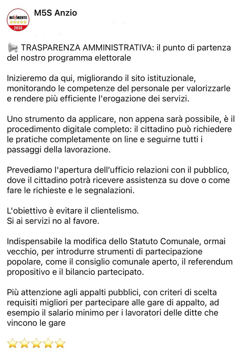 G_anzio's tweet photo. Prima pillola di programma: Trasparenza Amministrativa

Seguite la nostra pagina Facebook 

https://t.co/T5WE4wBMwS

⭐️⭐️⭐️⭐️⭐️

#cironutellosindaco #responsabilitàecoraggio #movimento5stelleanzio #m5sanzio #m5s #movimento5stelle https://t.co/sVlJ9VJrLF