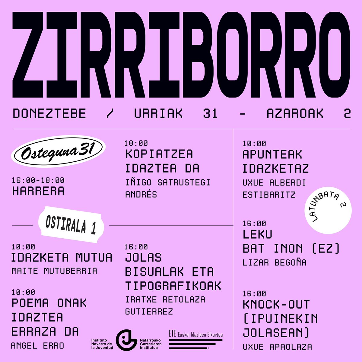 Zirriborro (<a href="/zirriborroidaz/">.BORR</a> ) tailerretan izena emateko epea zabalik dago. Tailerrak Donezteben emanen dira urriaren 31tik azaroaren 2ra. EZ da derrigorrezkoa tailer guztietan eta otorduetan izen ematea. Interesen arabera aukeratzen ahal da.
Izen-ematea: docs.google.com/forms/d/e/1FAI…