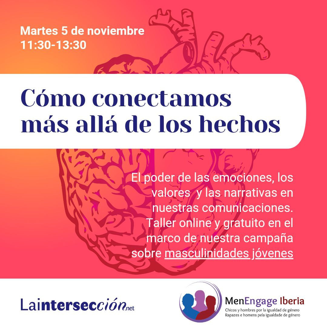 📢 ¿Cómo conectamos más allá de los hechos?  

Desde La Intersección y <a href="/MenEngageIberia/">MenEngage Iberia</a> lanzamos un nuevo taller online y gratuito que pone el foco en los #chicos y hombres jóvenes.
  
📷 Martes 5 de noviembre 
🕚 11:30h a 13:30h CET 
📝 us6.list-manage.com/survey?u=8d067…