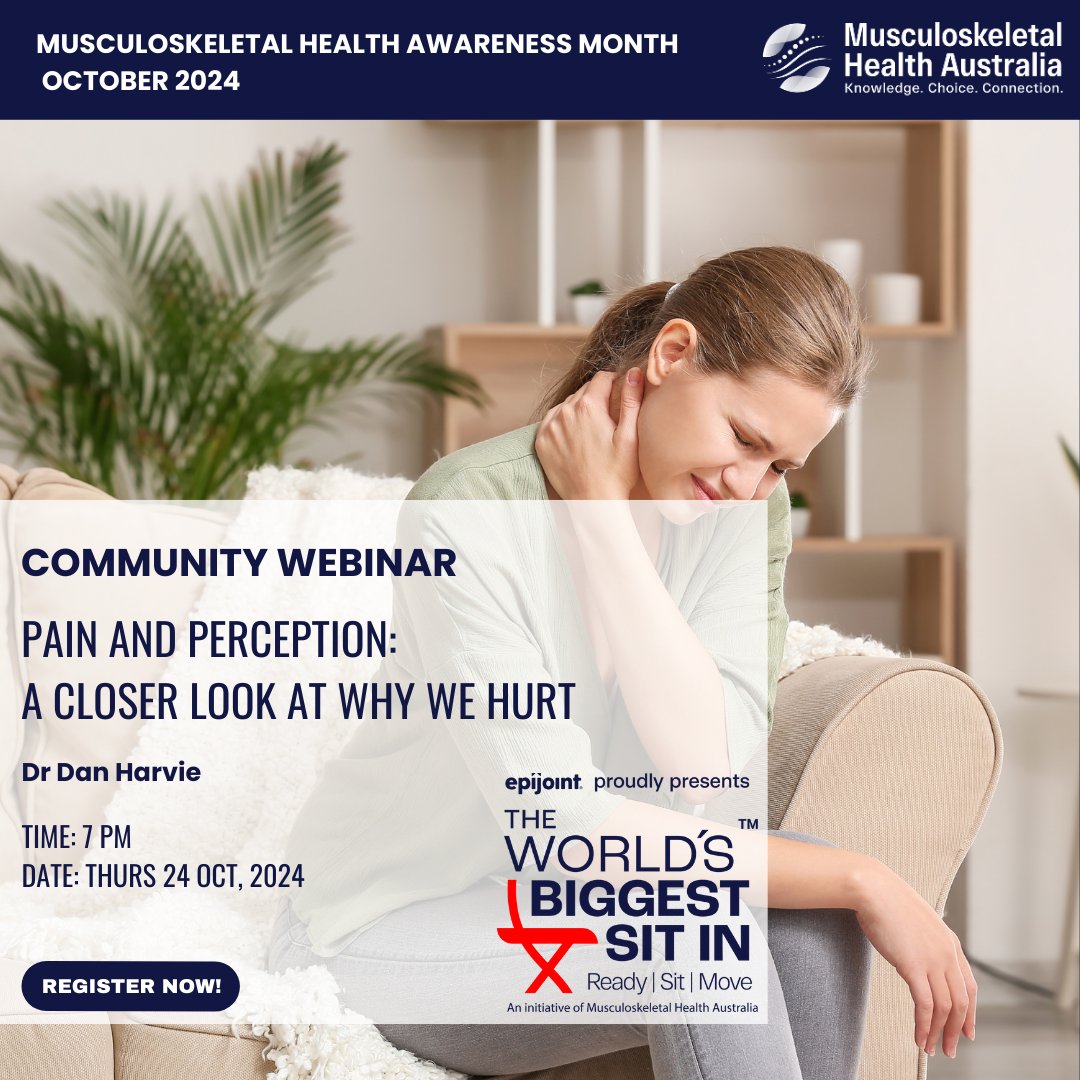 Dont miss this weeks webinars scheduled as part of #MHAM. We have two great topics lined up: Menopause &amp; MSK Health, with Dr Sonia Davison, supported by our friends @jeanhailes and Pain &amp; Perception by Dr Dan Harvie. Regsitration is free at muscha.org