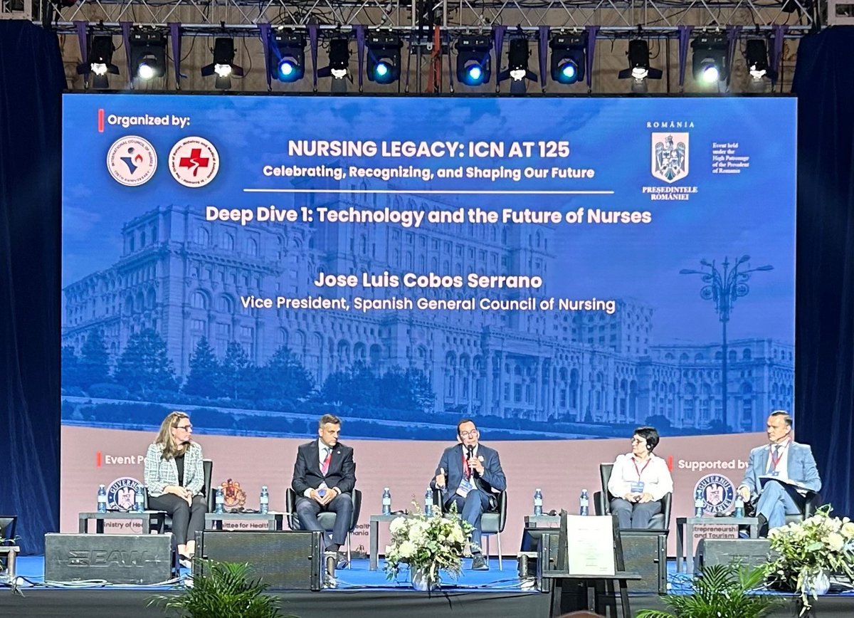 On #technology session at #ICN125anniversary event <a href="/ANAPresident/">Jennifer Mensik Kennedy</a> and ICN Board member <a href="/jlcobosserrano/">Jose Luis Cobos</a> among others discuss transformative technologies shaping #patient care today, emphasizing they are part of the present but that the human factor should not be forgotten.