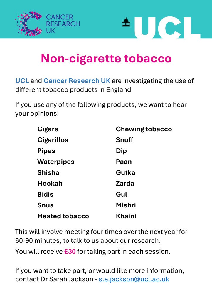 We are looking for users of different tobacco products to speak to us about a research project we are working on in collaboration with Cancer Research UK.

If you might be interested, please get in touch!