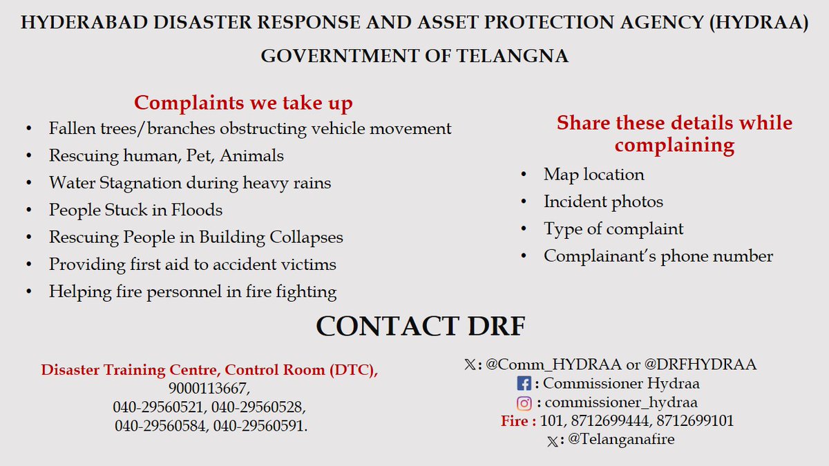 Light to moderate rainfall is expected across the entire city. For GHMC-DRF assistance, citizens can dial 040-21111111 or 9000113667
<a href="/TelanganaCMO/">Telangana CMO</a> <a href="/PrlsecyMAUD/">Secretary MAUD.</a> <a href="/gadwalvijayainc/">Vijayalaxmi Gadwal, GHMC MAYOR</a> <a href="/GHMCOnline/">GHMC</a>