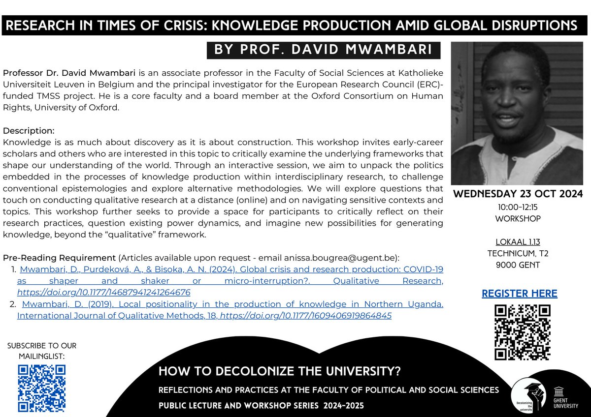 Excited for this lecture / workshop of <a href="/dsfactories/">David Mwambari</a>  tomorrow from 10:00-12:15 on the politics of knowledge production. Register here: event.ugent.be/registration/D…
w <a href="/aminaodofin/">Amina Adébísí Odofin🪬</a>