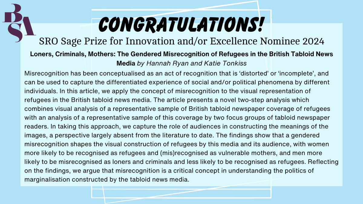 🌟 SRO Sage Prize Nominee 🌟

Hannah Ryan (@hannahryan22) and Katie Tonkiss (@katietonkiss) capture the role of audiences in constructing the meanings of the images through the visual representation of refugees in British tabloids.

Read the article now!
doi.org/10.1177/136078…