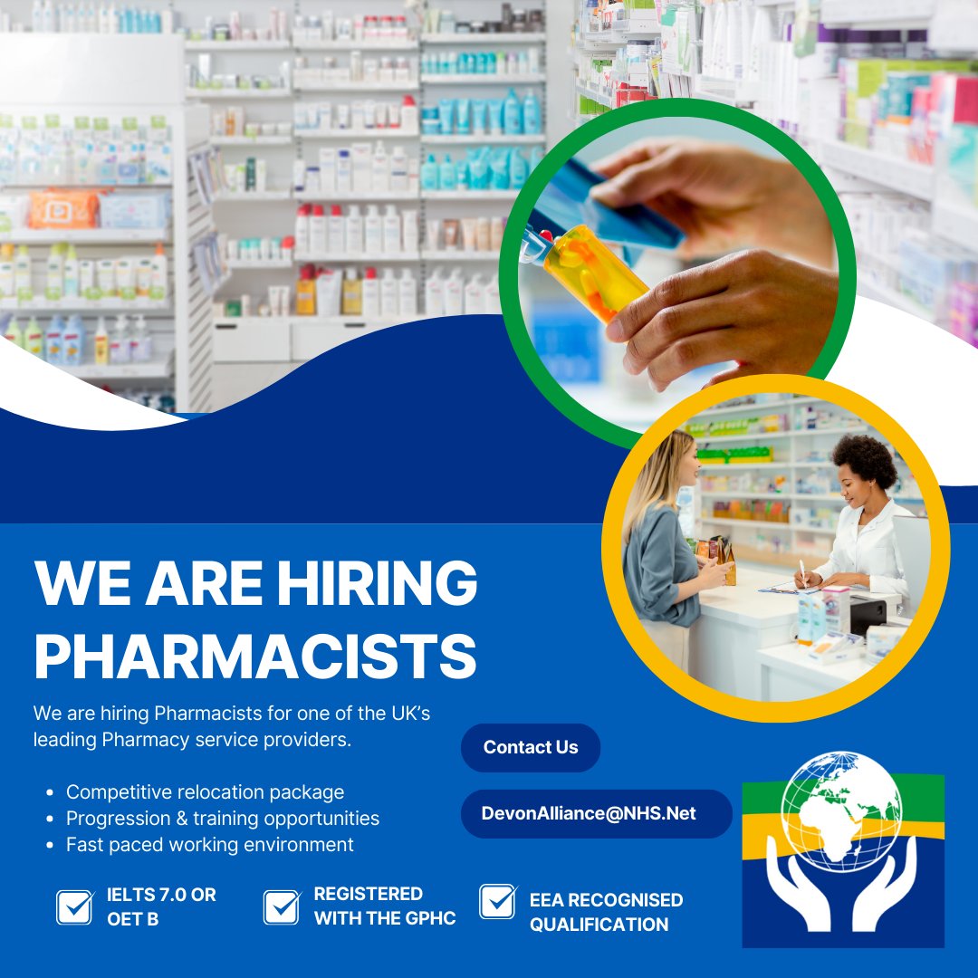 Devon Alliance For International Recruitment - UK (@devonallianceuk) on Twitter photo We are hiring Pharmacists for one of the UK’s leading Pharmacy service providers.
You will need to have:
IELTS 7.0 or OET B
Registration with the GPhC
EEA Qualification
Apply via email on DevonAlliance@nhs.net We are hiring Pharmacists for one of the UK’s leading Pharmacy service providers.
You will need to have:
IELTS 7.0 or OET B
Registration with the GPhC
EEA Qualification
Apply via email on DevonAlliance@nhs.net