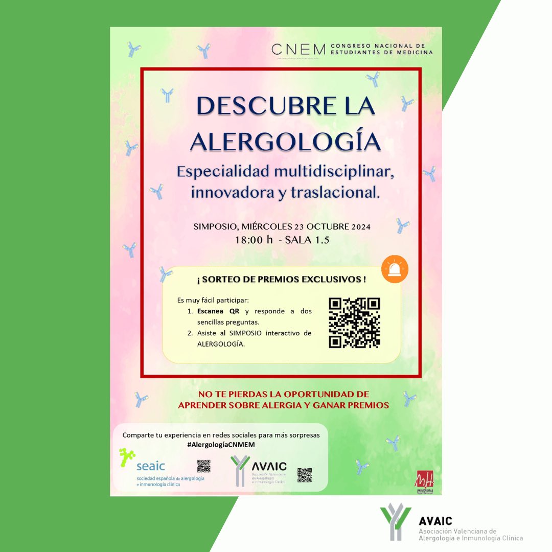 🎓 Mañana empieza el Congreso Nacional de Estudiantes de Medicina (CNEM). 
📍 Estaremos en el Stand Nº 3 durante los tres días de duración de este evento.
👩🏻‍⚕️ ¡Participad en nuestro sorteo! No os perdáis la oportunidad de aprender sobre alergia y ganar premios. 
🤗 ¡Os esperamos!