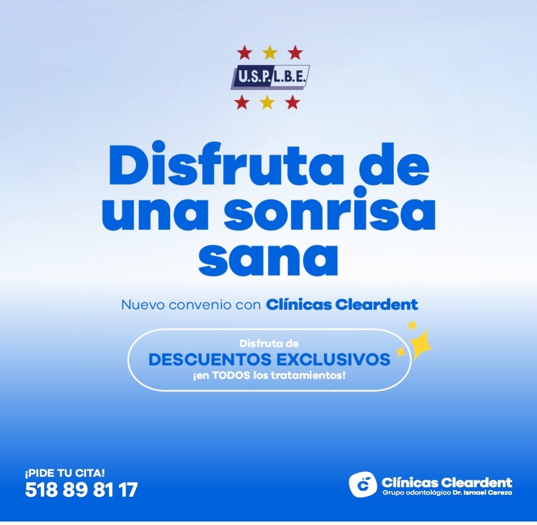 𝙐𝙎𝙋𝙇𝘽𝙀 ha llegado a un acuerdo de colaboración con 𝘾𝙡𝙞́𝙣𝙞𝙘𝙖𝙨 𝘾𝙇𝙀𝘼𝙍𝘿𝙀𝙉𝙏. Podréis acceder a una serie de beneficios  en TODOS tus tratamientos dentales.
Solicita tu cita y obtén más información a través de este enlace personalizado: cleardent.es/convenios/?nom…