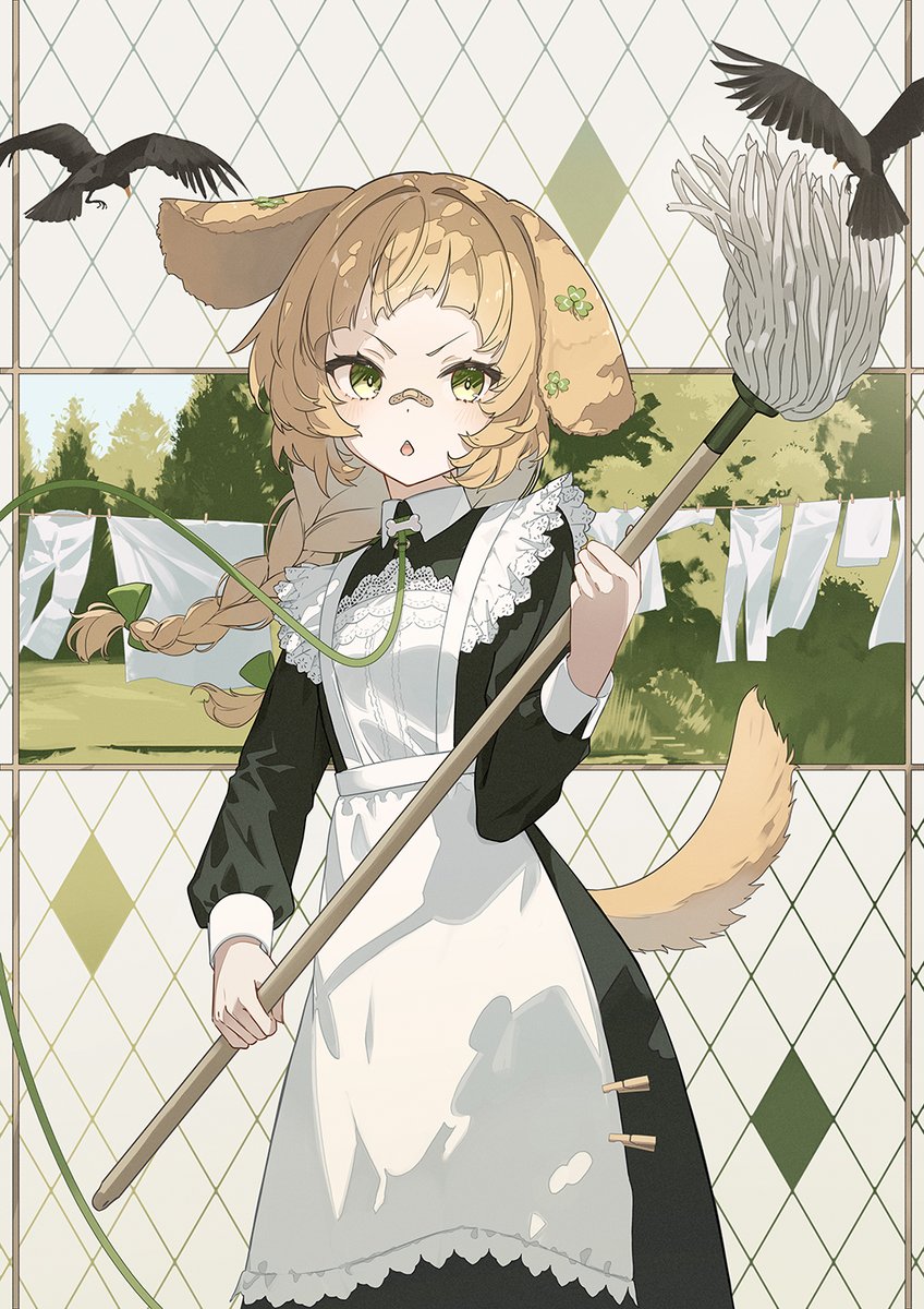 wakuseiac's tweet image. ツグミを追い払う犬メイドさん
