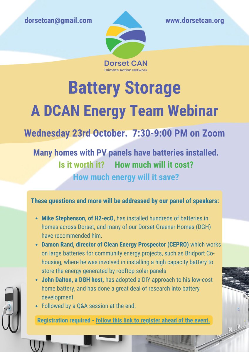 Battery Storage Webinar - Learn everything there is to know about the best utilisation of batteries and storing energy for your home.
Energy Team Webinar this Wednesday 23rd October 19:30pm on Zoom.
Registration Required: 
bit.ly/3zYk3Kp