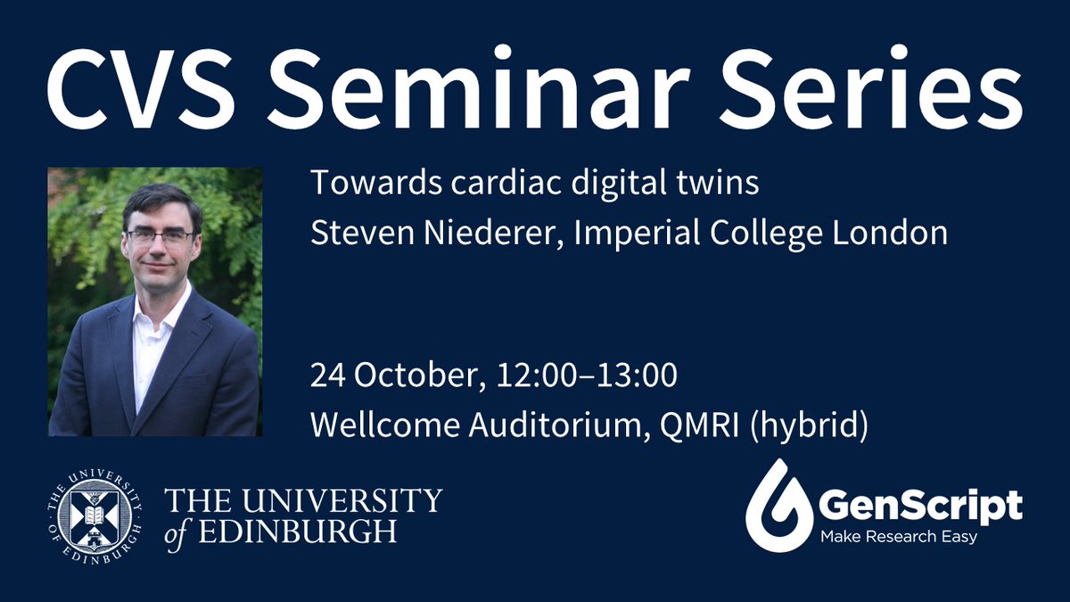 Excited to bring you TWO seminars this week! On Thursday, Steven Niederer from <a href="/imperialcollege/">Imperial College London</a> will discuss cardiac digital twins
🗓️ 24 October, 12:00–13:00
Wellcome Auditorium, QMRI <a href="/EdinburghBQ/">Edinburgh BioQuarter</a>
Join on Teams ➡️ edin.ac/4h61Gnt