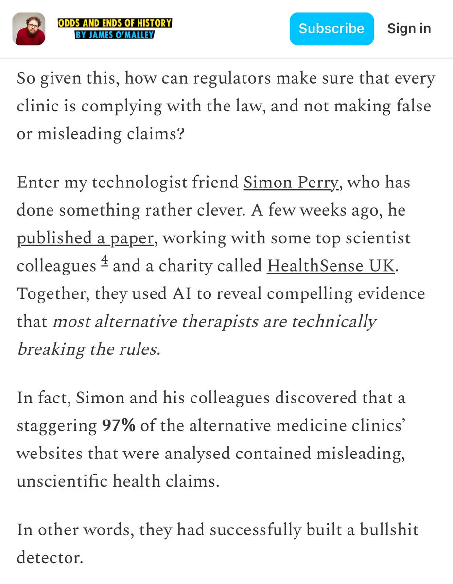 Psythor's tweet image. How my friend @Simon_Perry and his colleagues built a tool for spotting medical misinformation - and discovered that 97% (!!) of alternative therapists make misleading claims on their websites.

takes.jamesomalley.co.uk/p/alternative-…