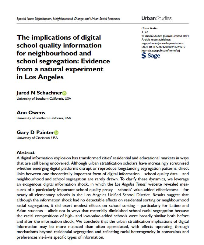 USJ_online's tweet photo. New special issue article by @JaredSchachner, Ann Owens and Gary D Painter: The implications of digital school quality information for #neighbourhood and #SchoolSegregation: Evidence from a natural experiment in Los Angeles
https://t.co/vvQXFje6Tb
#DigitalInformation https://t.co/CkmNwPhg4h