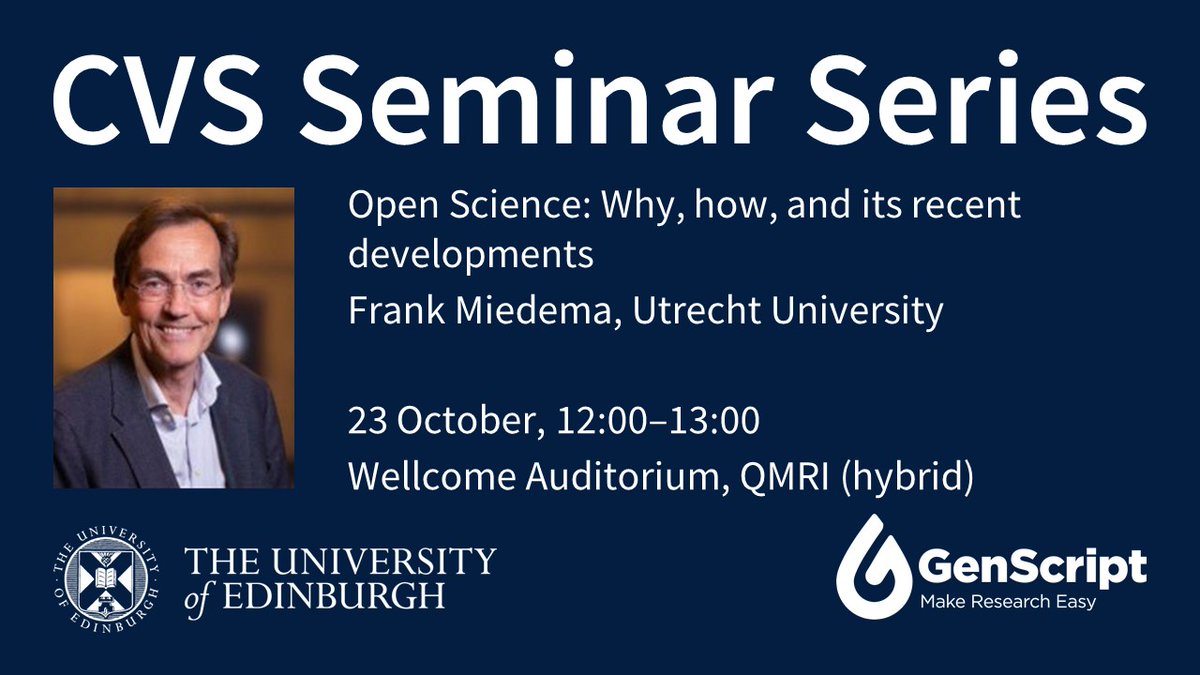 Excited to bring you TWO seminars this week! On Wednesday, Frank Miedema from Utrecht University will discuss the why and how of #OpenScience
🗓️ 23 October, 12:00–13:00
Wellcome Auditorium, QMRI <a href="/EdinburghBQ/">Edinburgh BioQuarter</a>
Join on Teams ➡️ edin.ac/4eoSpFf