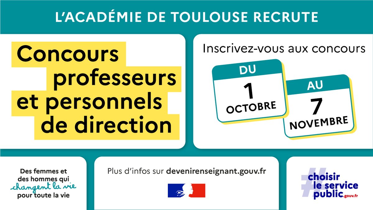 Les inscriptions aux #concours de #recrutement de #professeurs et de personnels de #direction sont ouvertes jusqu'au 7 novembre à 12h 📣

Vous souhaitez devenir personnel de direction, professeur en école, en collège ou en lycée ? Inscrivez-vous ➡️ devenirenseignant.gouv.fr