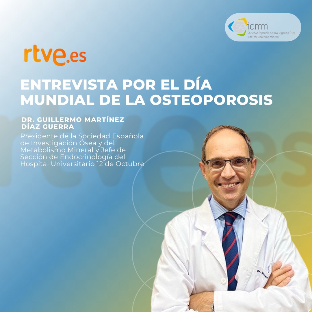 <a href="/rtve/">RTVE</a> entrevista al Dr. Guillermo Martínez Díaz Guerra, Presidente de #SEIOMM y Jefe de la Sección Endocrinológica del Hospital Universitario 12 de Octubre, por el #DíaMundialdelaOsteoporosis que se celebra el 20 de octubre.

▶ youtu.be/DuWUQKoCz5c

#AvancemosPorLaSaludÓsea