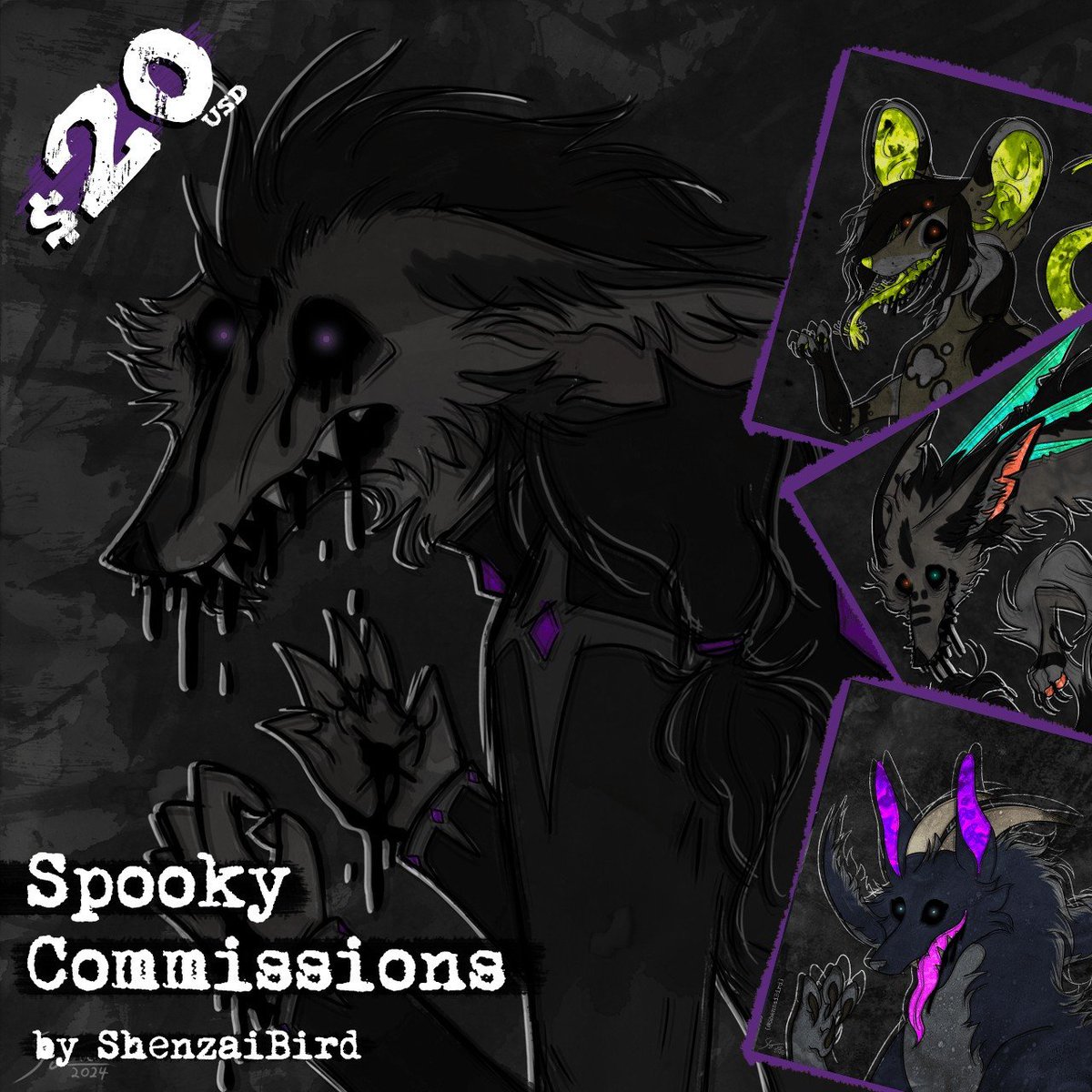 🎃 SPOOKY COMMISSIONS 🎃  

Another year, another batch of spookies! Available only until the end of October!  

DM me here or on discord/telegram (ShenzaiBird)