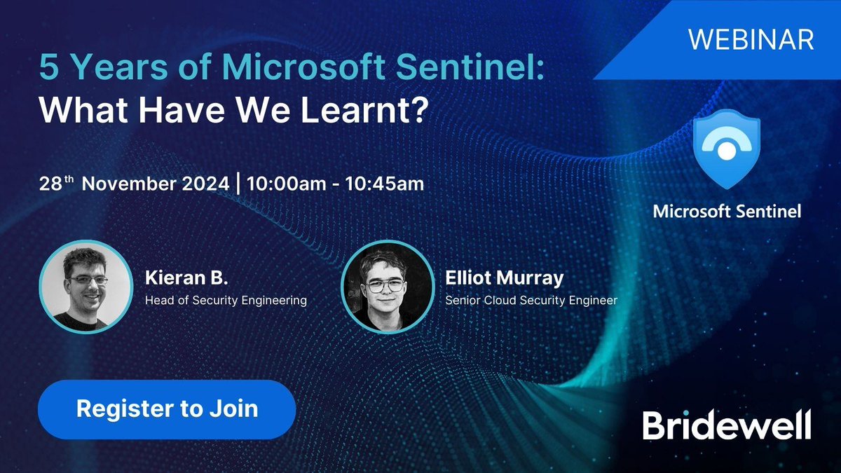 Can you believe Microsoft Sentinel is turning five? 🎂
 
On the 28th of November, we will be marking this milestone by looking at our learnings over the years. 

Our hosts will cover all things Microsoft Sentinel, register here ➡️eu1.hubs.ly/H0dccRK0