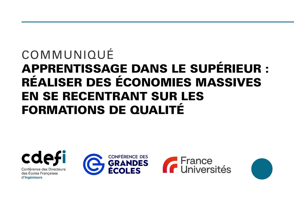 #Apprentissage

L'apprentissage constitue une filière d'excellence essentielle dans le supérieur.
👉Il faut réserver les financements aux formations de qualité pour réaliser de fortes économies sans pénaliser les apprenants selon leur niveau d’études.

📰 cdefi.fr/fr/actualites/…