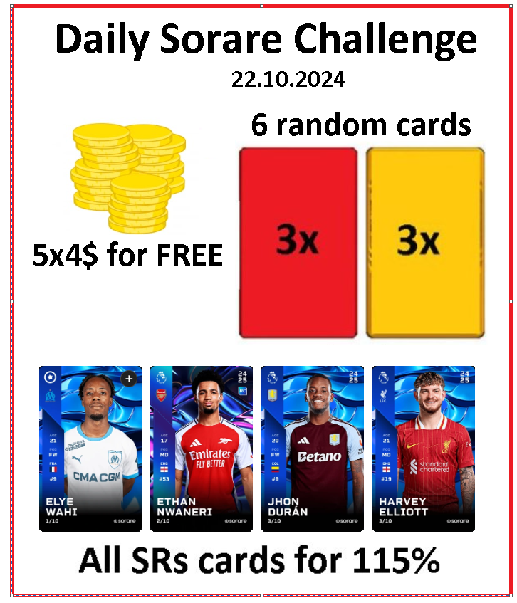 Its time for Daily <a href="/Sorare/">Sorare</a> Challenge 22.10.2024 📢

1⃣ 3 Rare &amp; 3 Limited random cards  for 6 people who make at least one transaction with me within 24 hours. 😀
2⃣ Swap all my Super Rare Cards for 115% of Your cards value 😍
3⃣🆓6x4$ for random people  - just write Your Sorare