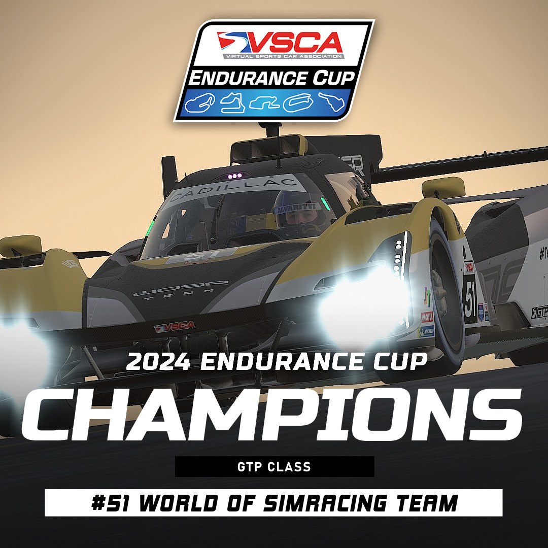 Congratulations to the #51 World Of SimRacing Team Cadillac on winning the 2024 VSCA Endurance Cup in GTP class!

The series veterans from Spain put together an impressive season, winning at Sebring and scoring four top5 and four top10.
#VSCA #Cadillac #eSports