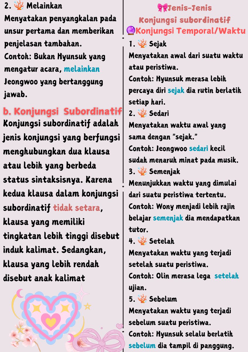 olinpsych's tweet photo. ⭒❃.✮☆ Konjungsi 
☆☾ 🔅 Pengertian, Fungsi Konjungsi, Jenis-Jenis Konjungsi, dan Contoh.
🔅☆🍭
☆Materi PBM,LBI, dan PPU https://t.co/vvLF1PoiEI