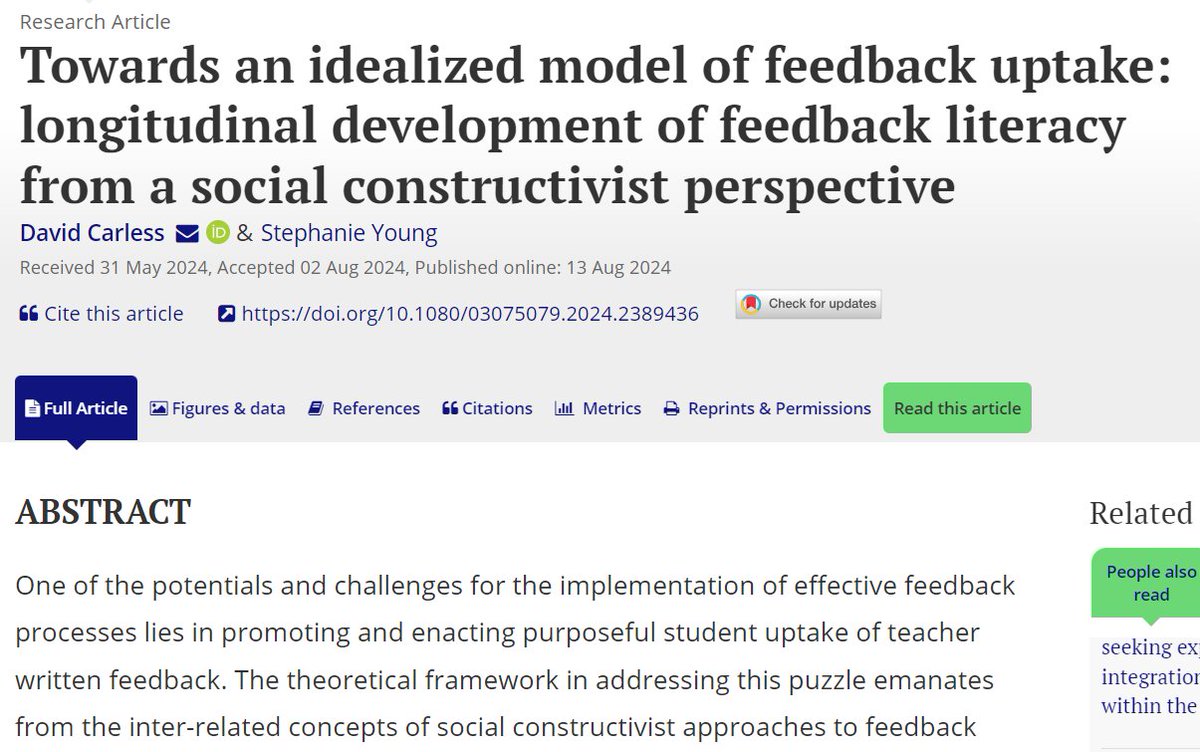 <a href="/CarlessDavid/">David Carless</a> &amp; #StephanieYoung add with "Towards an idealized model of #feedback uptake" (2024) another jewel to our treasure chest of #LecturaRecomendada. They describe a student's feedback literacy development and feedback uptake over a period of 4 years. #investigación