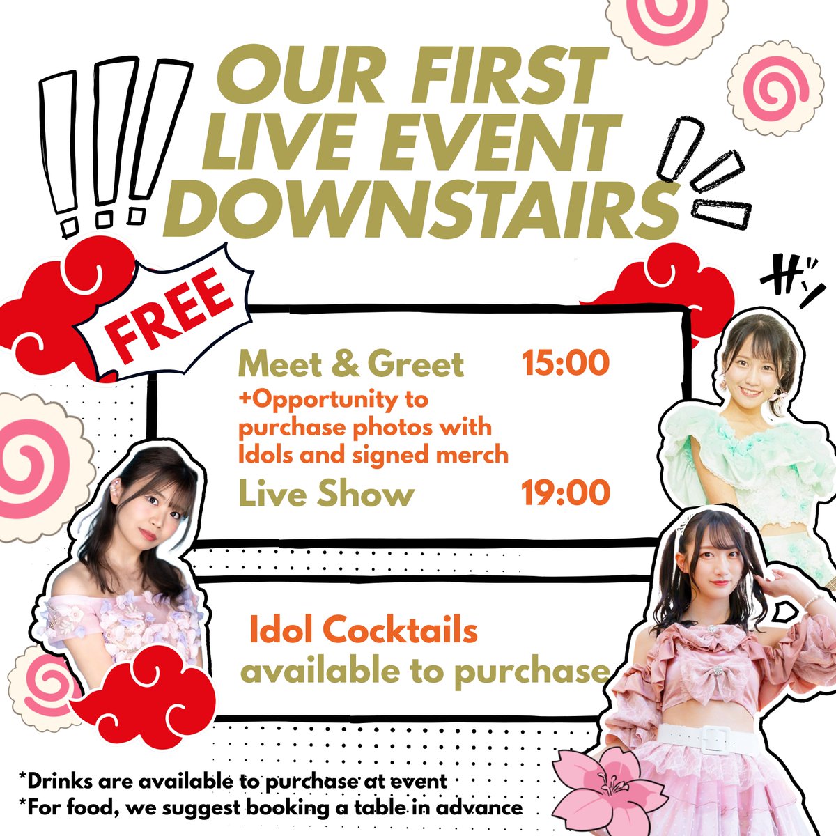 Our J-Pop Night is now a FREE event! 
Meet &amp; Greet at 3PM - snap pics, get merch signed, and meet idols! Live performances from 7PM  in our new downstairs venue! Cocktails available to order as well. We recommend booking a table in advance to enjoy a meal in our main dining hall!