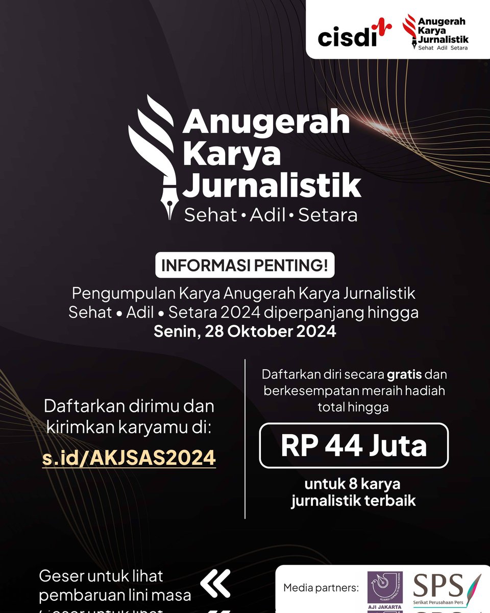 Kami menunggu karya terbaikmu!

Penerimaan Anugerah Karya Jurnalistik Sehat • Adil • Setara 2024 diperpanjang hingga Senin, 28 Oktober 2024, pukul 23:59 WIB.

Kirim karyamu melalui link: 
s.id/AKJSAS2024

Simak persyaratan lengkap melalui: 
s.id/AKJSAS-INFO