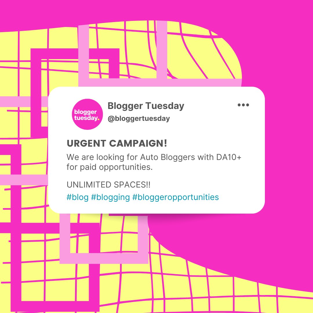 BloggerTuesday's tweet photo. 💥ATTENTION BLOGGERS! 💥

We have unlimited positions available for bloggers within the Auto niche! 🎮🎯

Drop your links below if you think you fit this category ��� ⬇ ⬇

#blog #blogging #blogger #gaming
#Autoblog #Autoblogger https://t.co/VPApOrQ9DL