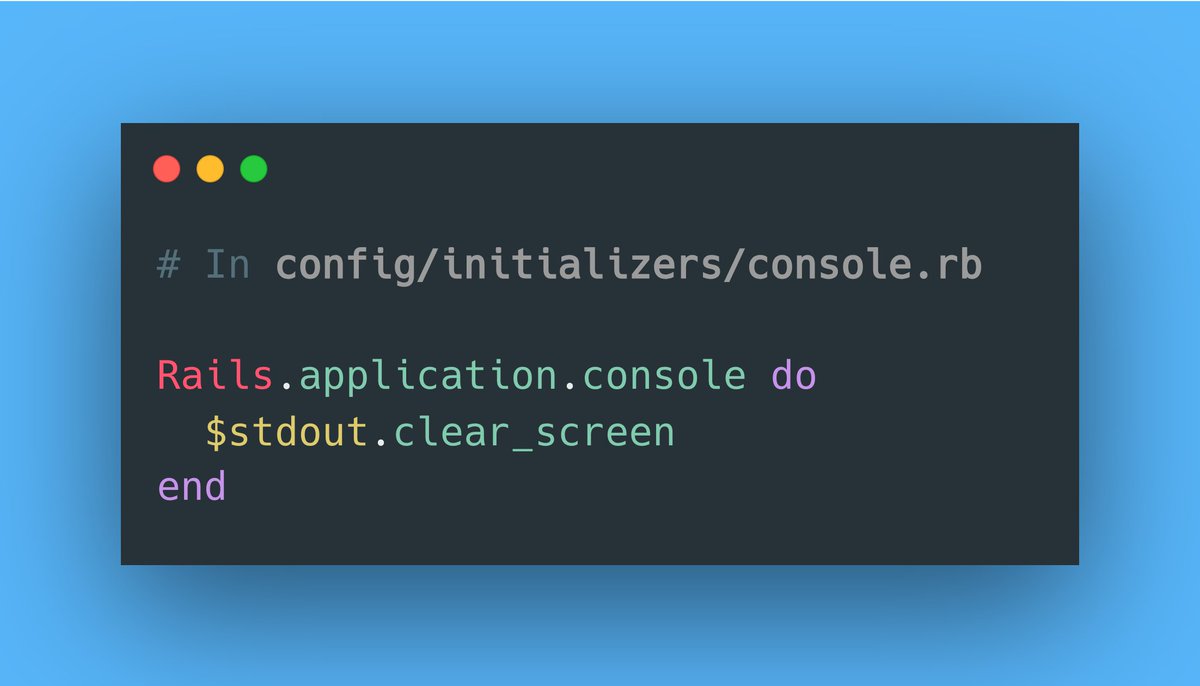 RubyCademy's tweet image. Here’s another example showing how to clear your terminal screen when running `rails console`! 🤩
#rubyonrails #railsconsole #railstip