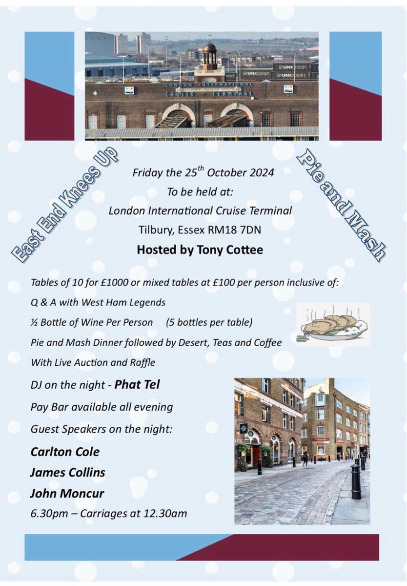 Looking forward to this Friday at the Port of Tilbury providing the memorabilia for <a href="/TonyCottee9/">Tony Cottee</a> event with guests <a href="/CarltonCole1/">Carlton Cole</a> James Collins and John Moncur. 
With food from <a href="/Tonypienmashwhu/">Tonyspieandmashwhu</a> still a couple of tables remain I’m told contact on the poster ⚒