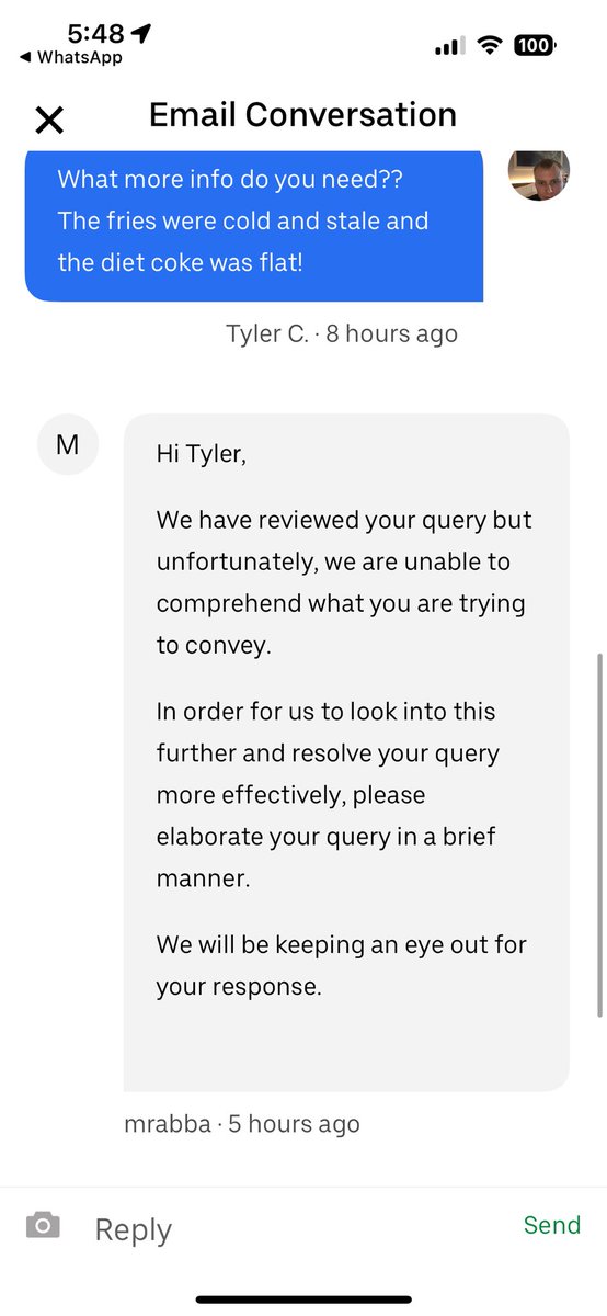 TheTyChapman's tweet photo. @UberEats i think you need to hire more illiterate staff, i really dont think my query is that hard to comprehend… https://t.co/AjvDgITXSj