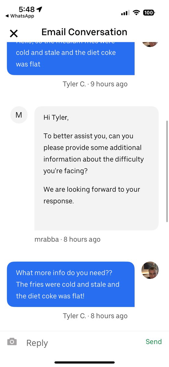 TheTyChapman's tweet photo. @UberEats i think you need to hire more illiterate staff, i really dont think my query is that hard to comprehend… https://t.co/AjvDgITXSj