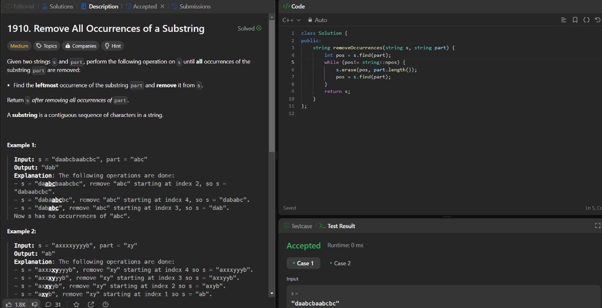Yadavaman03's tweet photo. Day-09 of #100daysofcoding 

solve some Leetcode problem ->
 - Reverse all occurrence of a substring 
 - Valid palindrome 
 -Palindrome substring 
 - Valid anagram 

#LearnToCode #coding 
#leetcode
#DSA #codemastery https://t.co/aFhRBEz8a6