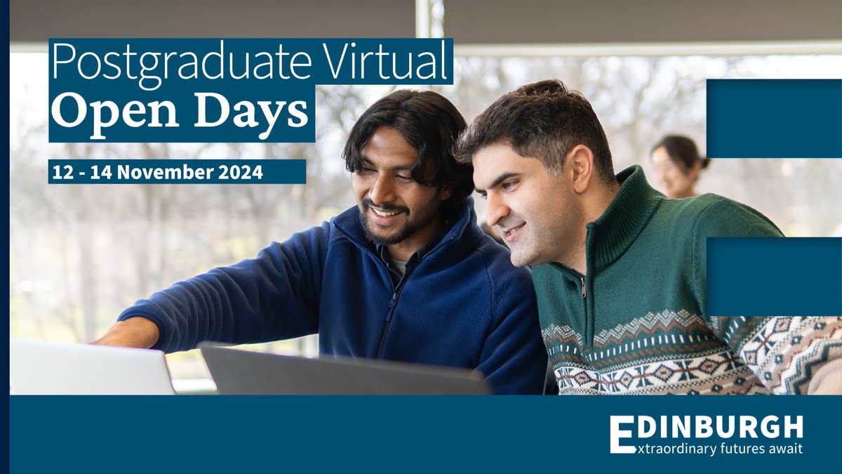 InfAtEd's tweet image. Join us online 12-14 November 2024 for our Postgraduate Virtual Open Days if you're interested in studying your Masters degree, PhD or at one of our CDTs.
🔗Learn more about our events and how to register: edin.ac/4f8H6kn
#StudyInformatics #OpenDays #UniversityOfEdinburgh