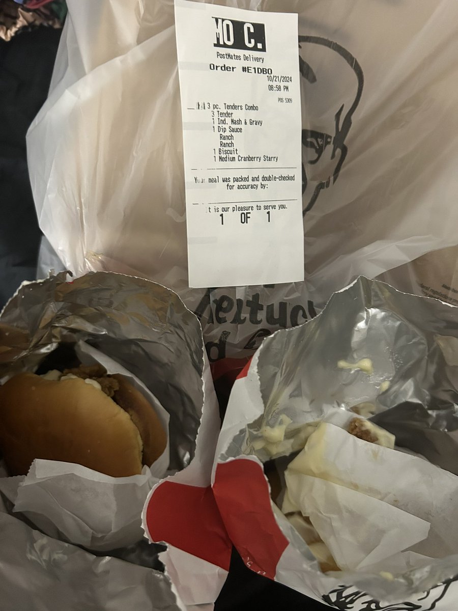 Modeez23's tweet photo. @Postmates this is completely unacceptable. How are you not going to refund me my money after giving me the wrong order. CLEARLY I didn’t order a mayonnaise sandwich 🤦🏾‍♂️. &amp; @kfc got the nerve to say double checked my order…. WRONG!!! You also forgot my ranch and biscuits 😑 https://t.co/jF9gZEu1g3